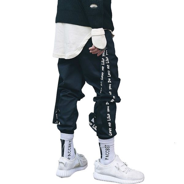 

transportation men's drop streetwear fashion removable ribbon man's hip-hop pants abz62, Black