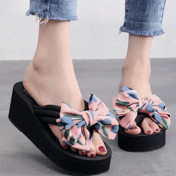 

slippers women flip flops summer flat platform shoes female outside fashion bow ladies footwear large size hh309, Black