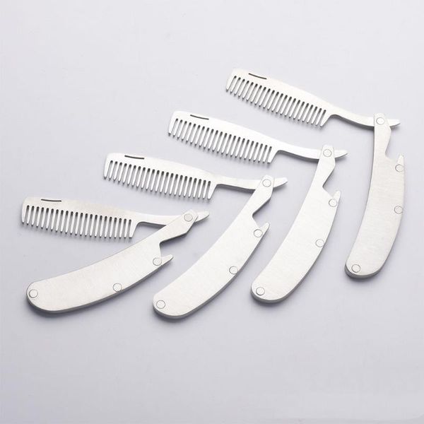 

hair brushes man stainless steel beard care tool portable massage brush multifunctional moustache styling folding comb mini pocket, Silver