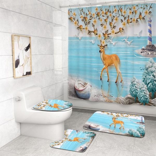 

bath accessory set merry christmas elk curtains anti slip rug mats toilet cover cute animals waterproof shower curtain bathroom
