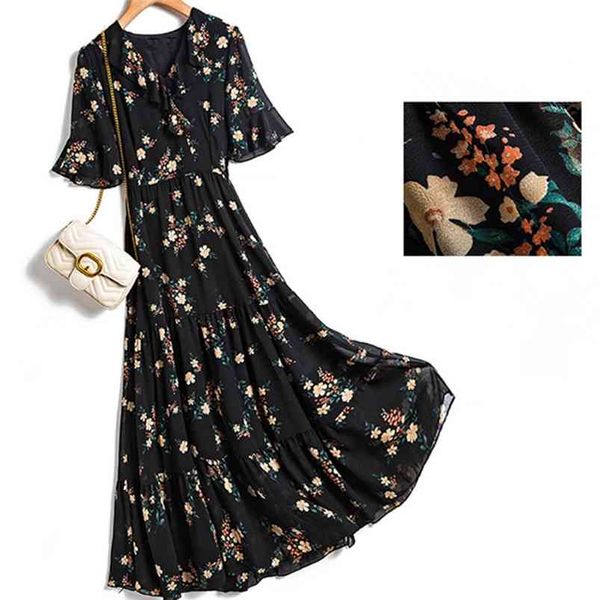 Plus Size Vestido de Verão Vintage Preto Preto Floral Impressão Chiffon Chiffon V-Decote Curto-manga Slim Long Midi Praia Casual 4xL 210623