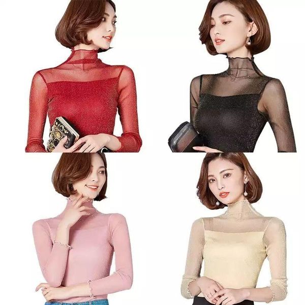 

women's blouses & shirts blouse women long sleeve lace mesh turtleneck transparent bright blusas ropa de mujer, White