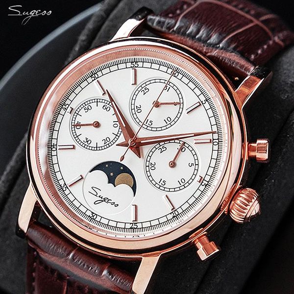 

wristwatches sugess super luminous chronograph mechanical watches men seagull st1908 movement moon phase calendar wristwatch 2021, Slivery;brown