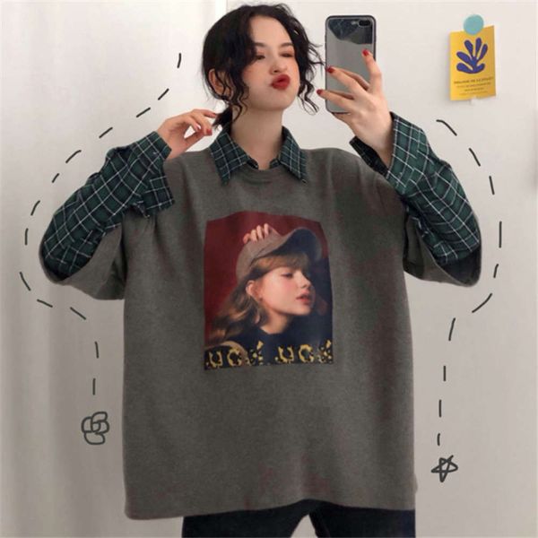 

women's hoodies & sweatshirts hoodie waitmore sweater spring and autumn thin loose korean fashion plaid stitching fake two pieces of cl, Black