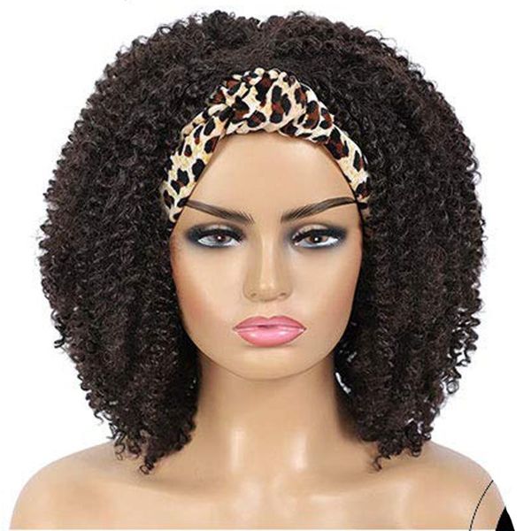 

synthetic wigs alizing dark brown afro kinky curly with drawstring leopard headband wig 2 in 1 hair for black women