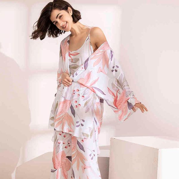 

selling 3pcs soft pajama set for spring & fall ladies sleepwear floral printed leaves cardigan+camisole+pants homewear, Black;red