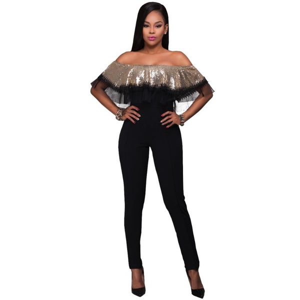

women's jumpsuits & rompers 2021 europe elegant jumpsuit bodycon sequin bodysuit formal party strapless off shoulder romper women plays, Black;white