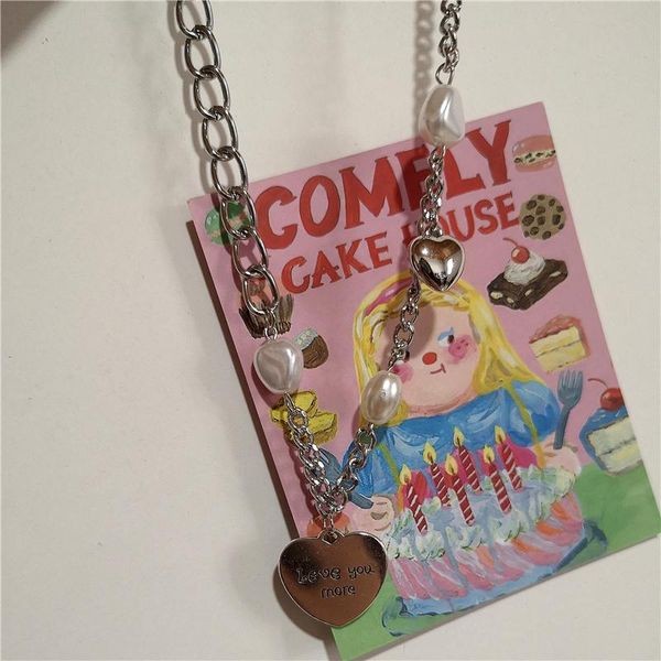 

chokers 2021 kpop punk harajuku goth letters love heart pearl pendant thick chain neck necklace for women men cool charm jewelry gift, Golden;silver