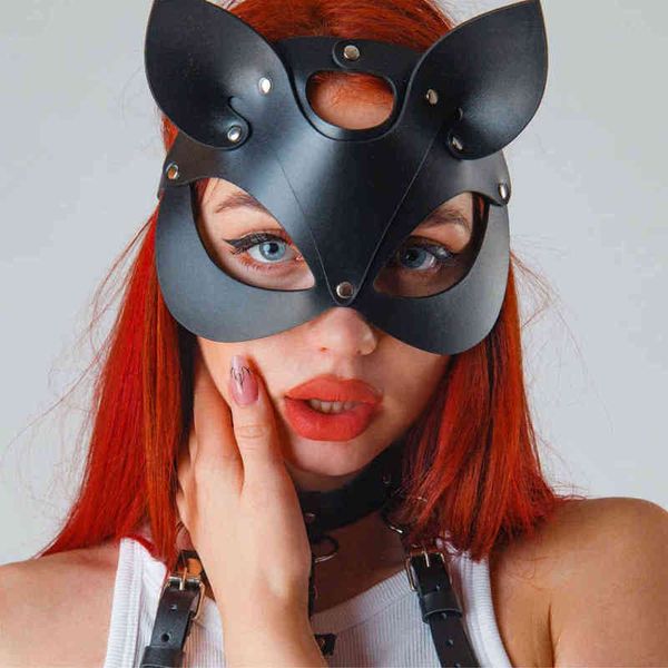 Nxy bondage brinquedos sexuais para casais nova máscara de gato de couro sexy erótico bdsm rave cabeça negra meia olho cosplay cara halloween mascarada festa máscaras 1211