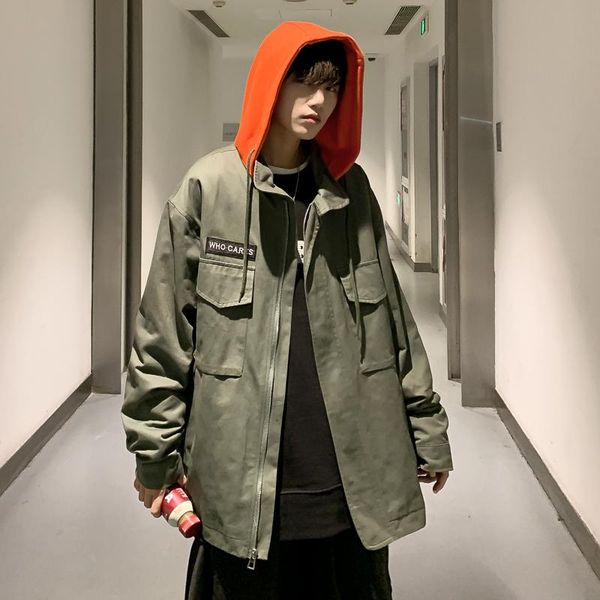 

men's jackets autumn men hooded and coats letter printed cargo jacket japanese harajuku streetwear for plus size windbreakers, Black;brown