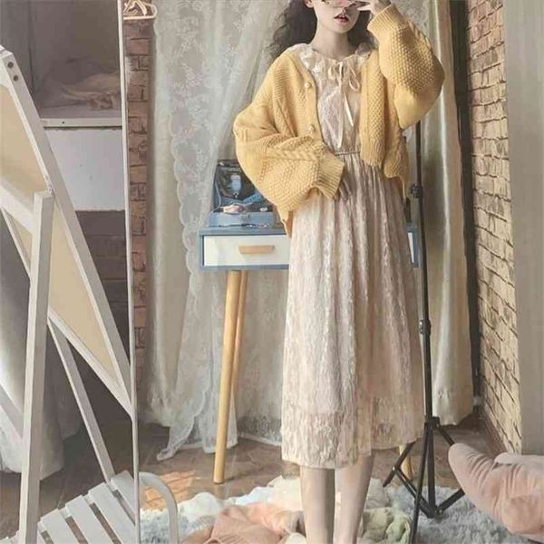 

super immortal loose korean autumn sweater coat + dress two piece suit cute sweet girl 210519, White