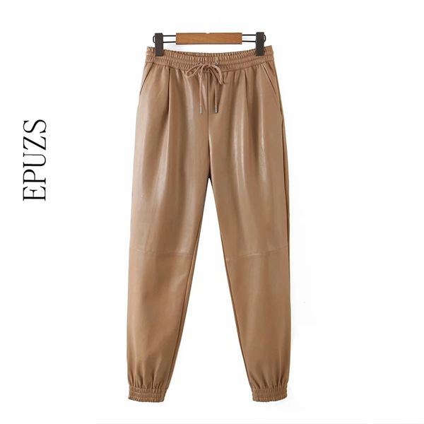 Frauen Khaki PU-Lederhose Jogger lässig elastische hohe Taille Schweiß koreanische Bürohose 210521