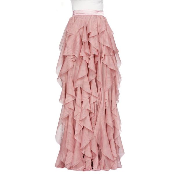 

skirts brand maxi zip waist party wear female long tulle ruffles ruched ins style pink skirt for women jupe femme, Black