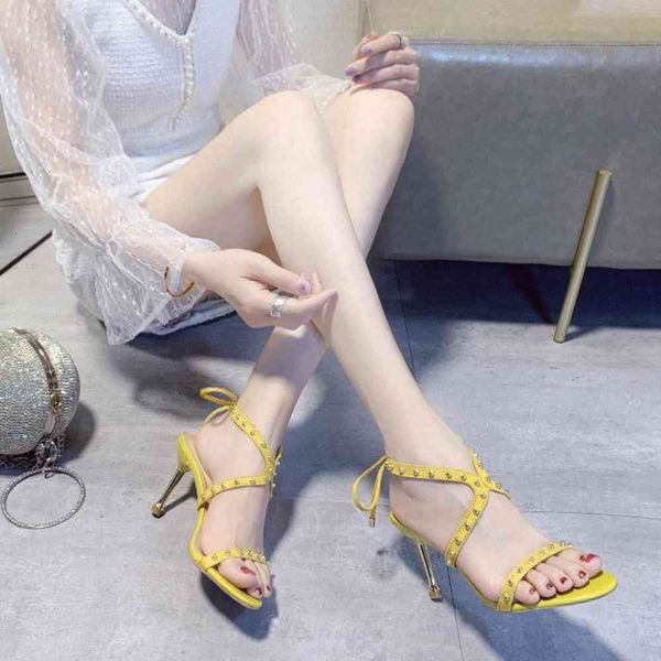 

rivet thin heel sandals women party stiletto heels summer ankle strappy pointed toe open high 2020 e495#, Black