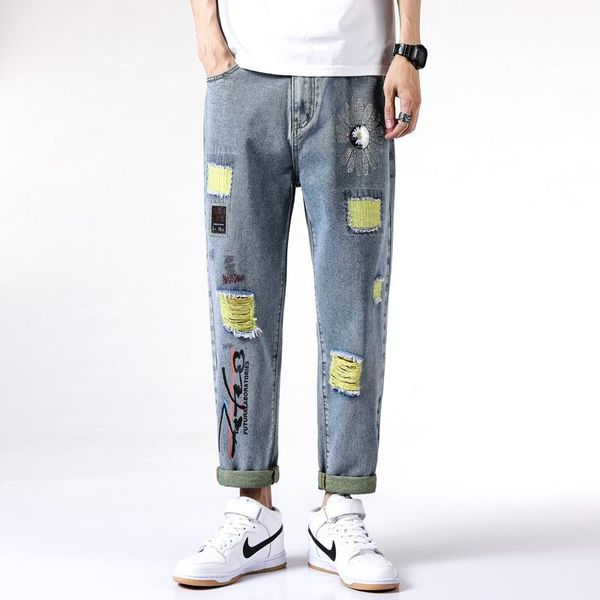 

Men's Jeans 2021 Spring And Autumn Trend Fashion Simple Holes Loose Printed Hip Hop Straight Denim Pants, Blue
