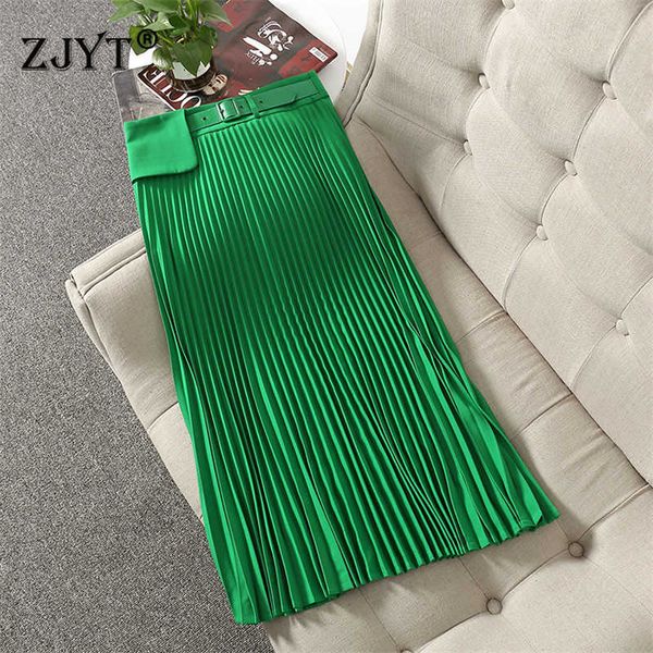 

spring summer designers runway fashion high waist elegant solid green pleated skirts women 210601, Black