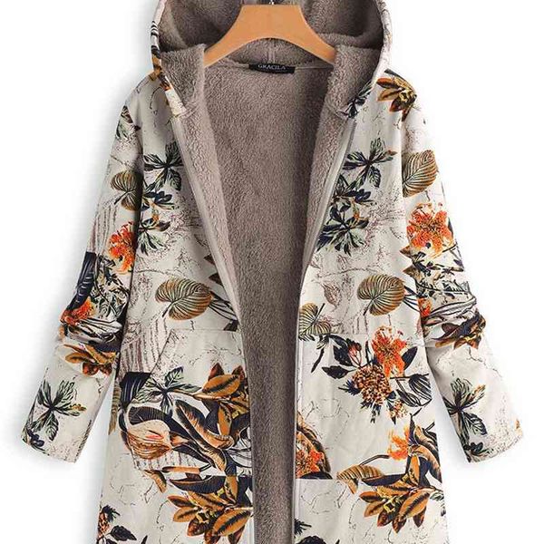 

2021 winter pop new women's cotton linen printed hoodie warm plush coat, Black