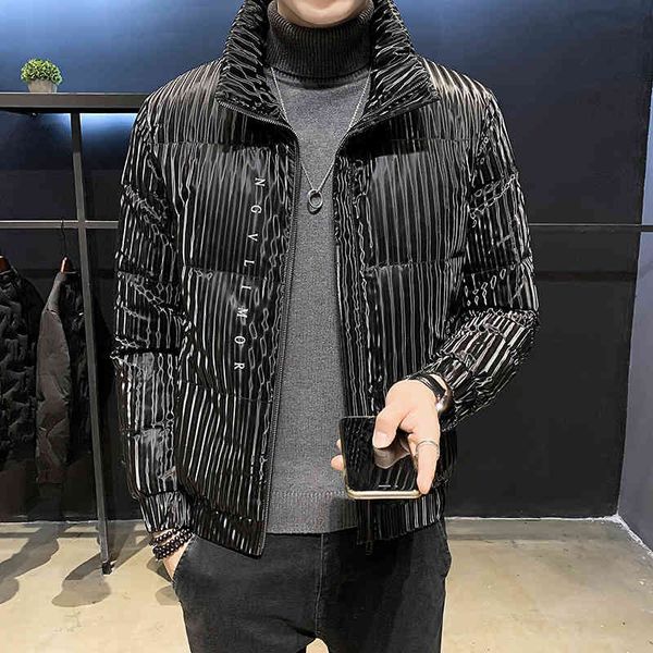 

2021 new autumn winter men's brand down jacket coat men sequins striped windproof and warm short black
