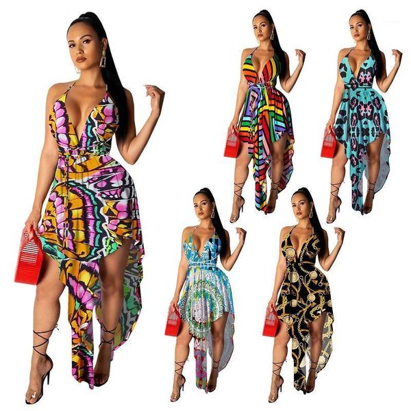 

retro printed irregular beach dress cover-ups women backless deep v neck bikini swimwear bathing suit cover up women's, White;black