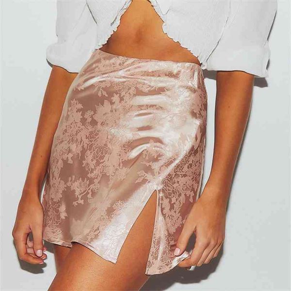 Женская летняя элегантная жаккардовая атласная короткая юбка сексуальная высокая талия сплит мини винтажная улица молнии 210607