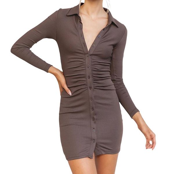 

casual dresses female shirt dress, solid color turn-down collar ruffles slim long sleeve for ladies spring autumn, Black;gray
