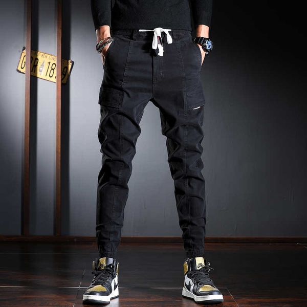 

fashion streetwear men jeans wide leg trousers loose fit big pocket casual cargo pants korean style designer hip hop joggers, Blue