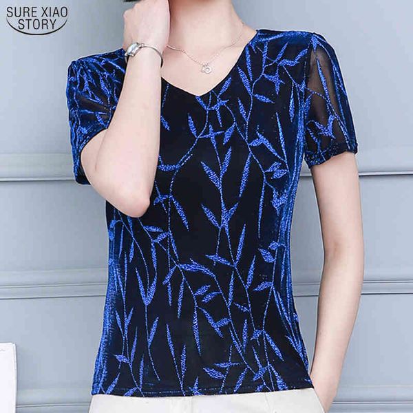 

casual plus size v neck blouse womens summer blue short sleeve elastic print women shirts pullover blusas mujer 10363 210415, White