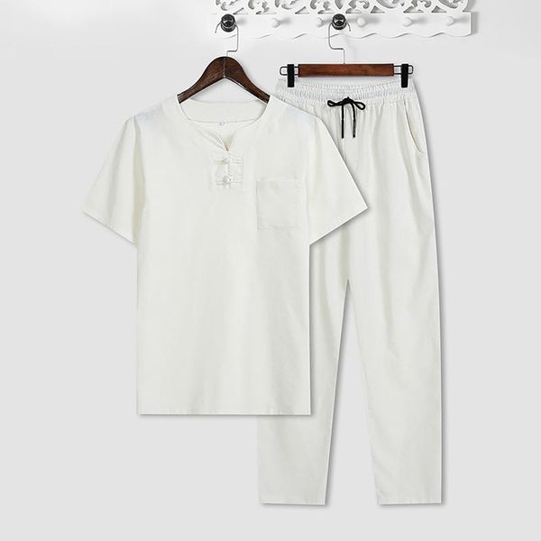

men's tracksuits solid color retro cotton linen short-sleeved t-shirt o-neck loose long pants males two-piece suit halter strap, Gray