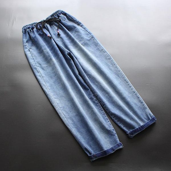 

women's jeans women 2021 solid color elastic waist pockets casual trousers loose pants fashion spring summer yoyikamomo, Blue