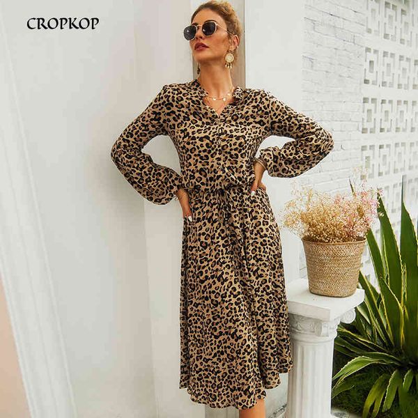 Abito midi leopardato Donna Vita alta Manica lunga Abito Femme Vintage Lavoro Ufficio Donna Autunno Camicia Abiti Cortos Moda 2020 X0521