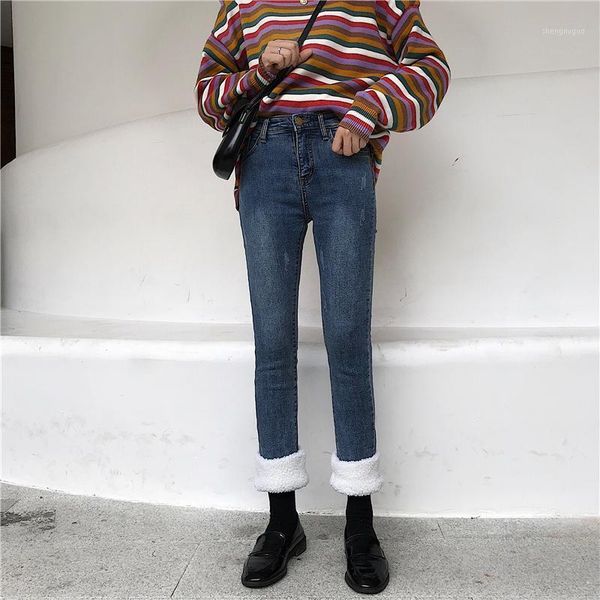 

women's jeans gruiiceen winter skinny high waist pants spliced lambswool 2021 spring women trousers gy2021440, Blue