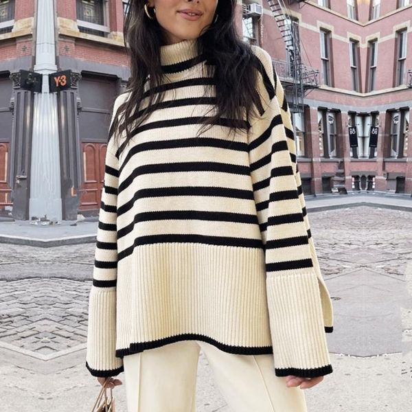 

women's sweaters ladies autumn winter turtleneck sweater women pullover clothes black white striped loose casual jumpers female, White;black
