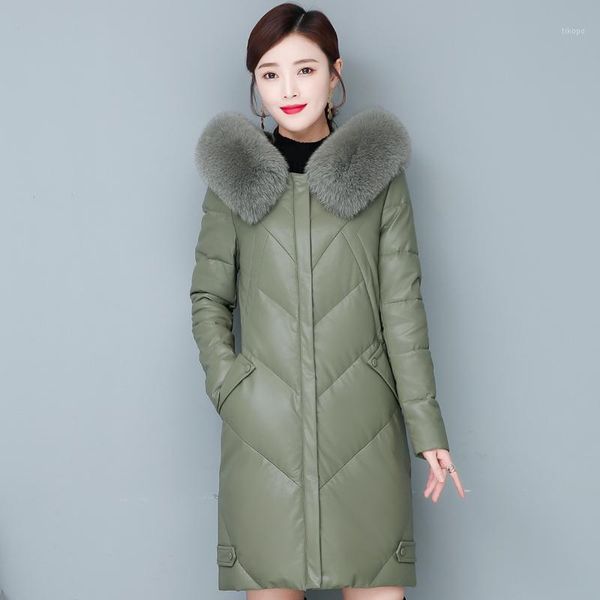

women's leather & faux real fur collar winter jacket women elegant plus size thick warm down coat hooded coats1, Black