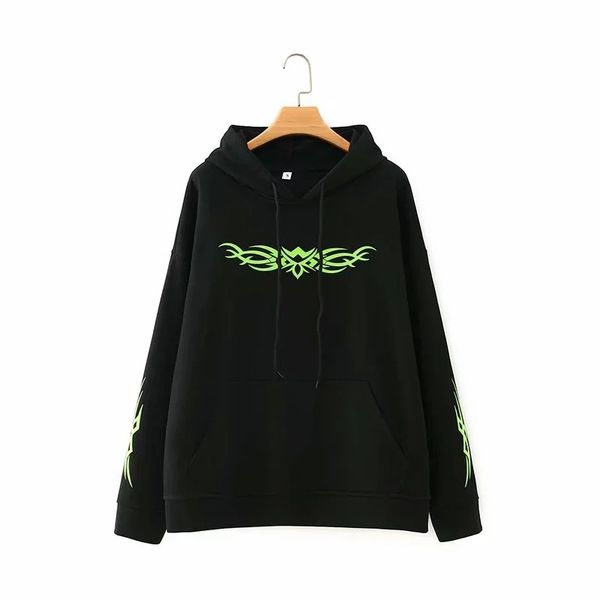 

autumn and winter 2020 women's hooded drawstring versatile simple printed sweater, Black