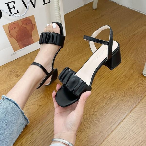 

sandals 2021 square head black crystal clasp korean leather fashion women heels shoes sandal platform