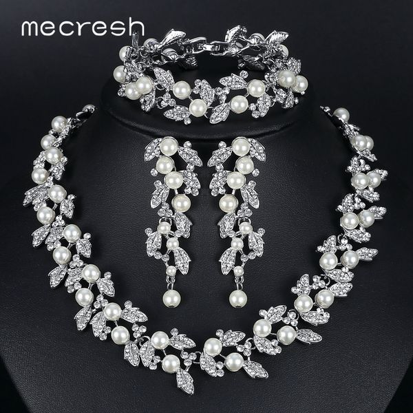 

mecresh simulated pearl bridal jewelry sets gold-color necklace set wedding jewelry parure bijoux femme tl283+sl089, Golden;silver