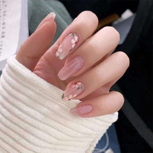 

nail gel 24pcs flower printed patch glitter glue type removable long paragraph fashion manicure save time false, Red;pink