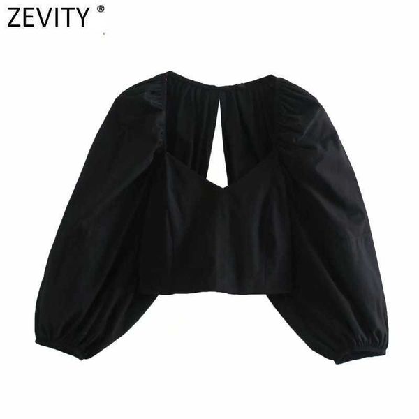 

zevity women v neck back hole poplin short smock blouse femme lantern sleeve slim shirt chic elastic blusas ls9065 210603, White