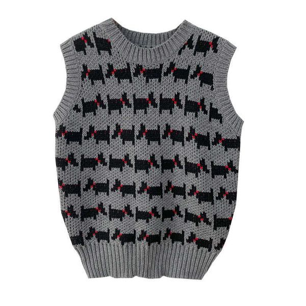 Возможно, у женщин жилет свитер экипаж шеи вязаный пуловер без рукавов серая красная собака зима пышный стиль M0232 210529