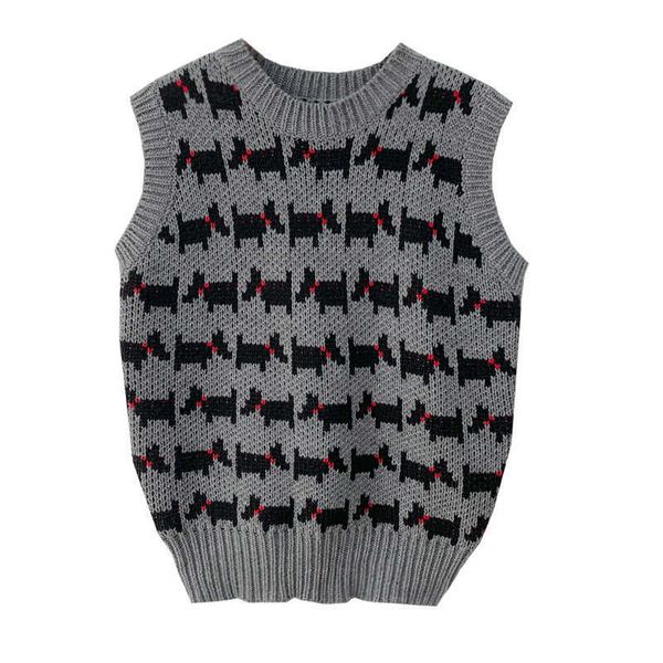 

perhaps u women vest sweater crew neck knitted pullover sleeveless gray red dog winter preppy style m0232 210529, Black;white