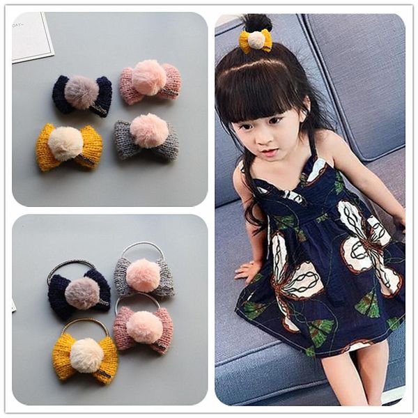 

wool hairball bow hairpin and hair rope ties girls kids clips bows barrette accessories for children rubber bands, Slivery;white