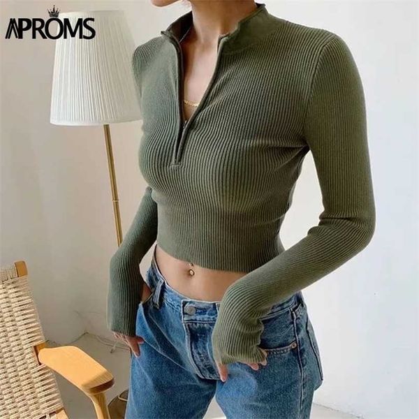 

aproms elegant high neck zipper front knitted sweater women solid basic cropped pullover winter spring fashion clothing 211011, White;black
