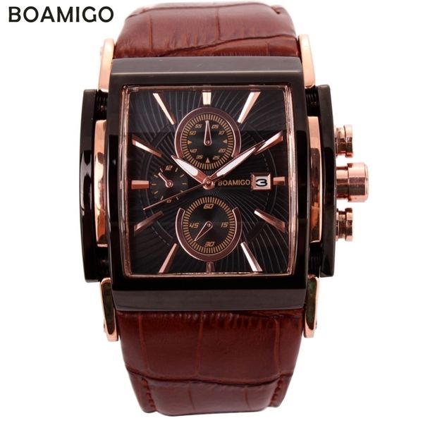 

boamigo men quartz watches large dial fashion casual sports watches rose gold sub dials clock brown leather male wrist watches 210329, Slivery;brown