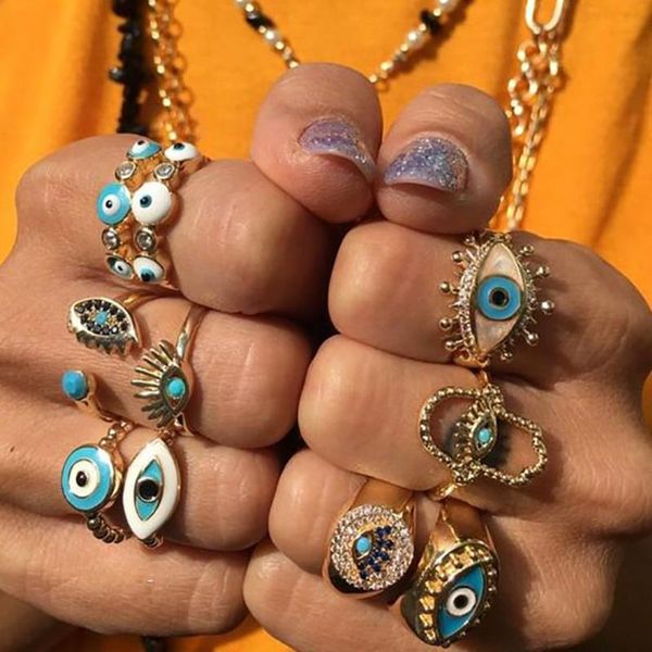 

cluster rings fashion bohemian rainbow turkish evil eye rhinestone filled for women vintage boho devil ring enamel jewelry mujer bijoux, Golden;silver