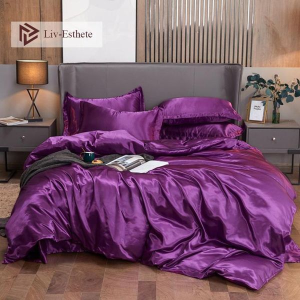

liv-esthete purple satin silk bedding set single double  king silky luxury duvet cover bedspread family size bedclothes sets