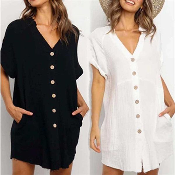 

women's single row button v-neck short sleeve cardigan medium length shirt maternity dresses, White