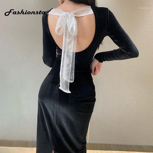

fashionsta backless midi dress party club bodycon solid elegant women casual long sleeve o-neck dresses vestidos, Black;gray