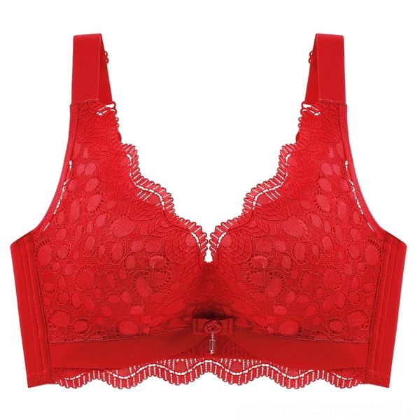 

0bic 2021rimless women's lace women's underwear large underwear lace bra size gathered up non marking adjustable bra, Red;black