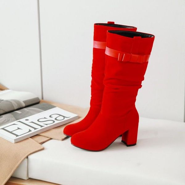 

boots big size 9 10 11 12 women woman winter shoes botas solid color round head sleeve buckle thick heel, Black