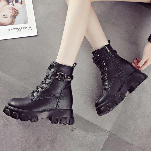 

boots women's thick soled short british style leisure leather, Black